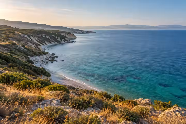 Morning light on the Gallipoli coastline and clear Aegean water