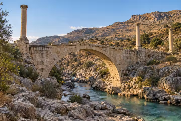 Cendere Roman Bridge spanning a rocky river in the Nemrut region
