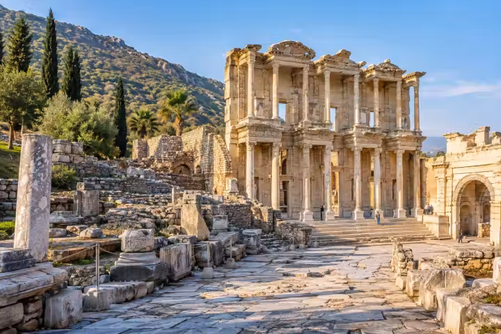 Library of Celsus and ancient marble street at Ephesus in warm morning light