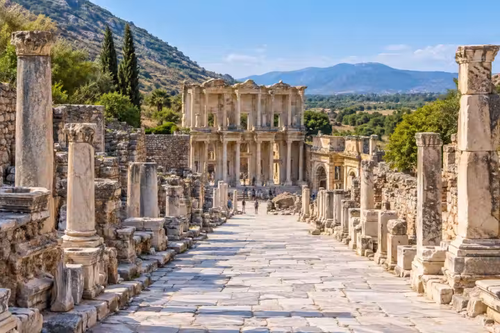 Ancient marble street and columns leading toward the Library of Celsus at Ephesus