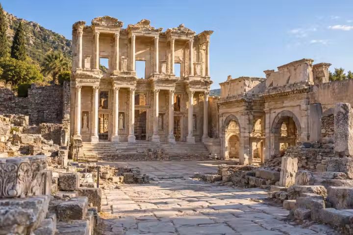 Library of Celsus and ancient stone paving at Ephesus in morning light