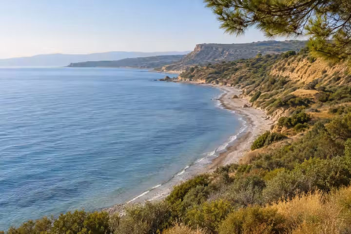 Morning light on the Aegean shoreline and scrub-covered hills of the Gallipoli Peninsula