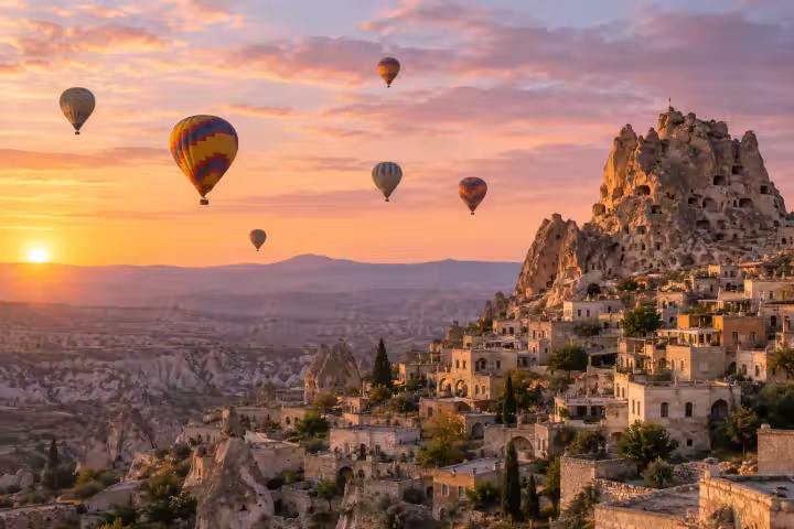 Hot air balloons at sunrise beside Uchisar rock castle and stone village houses in Cappadocia