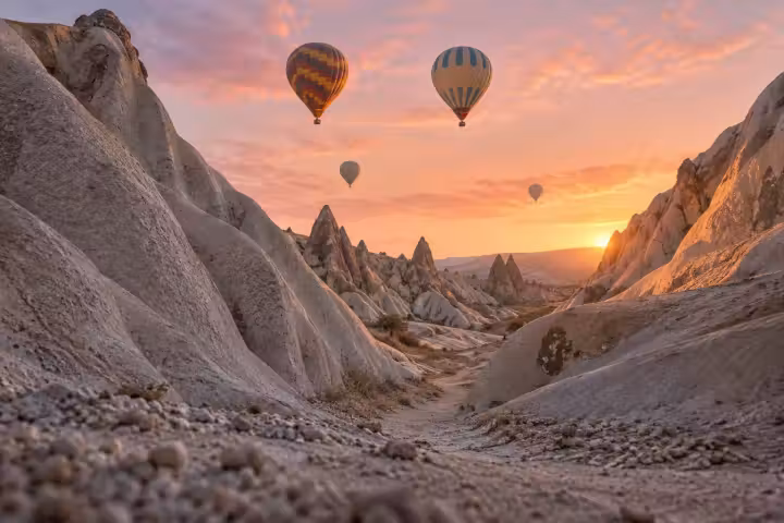 Hot air balloons at sunrise above a winding path between sculpted Cappadocia valley ridges