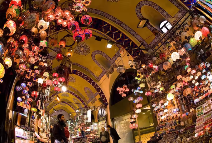 Hundreds of glass lanterns strung under the market vault in Gaziantep above the shop fronts