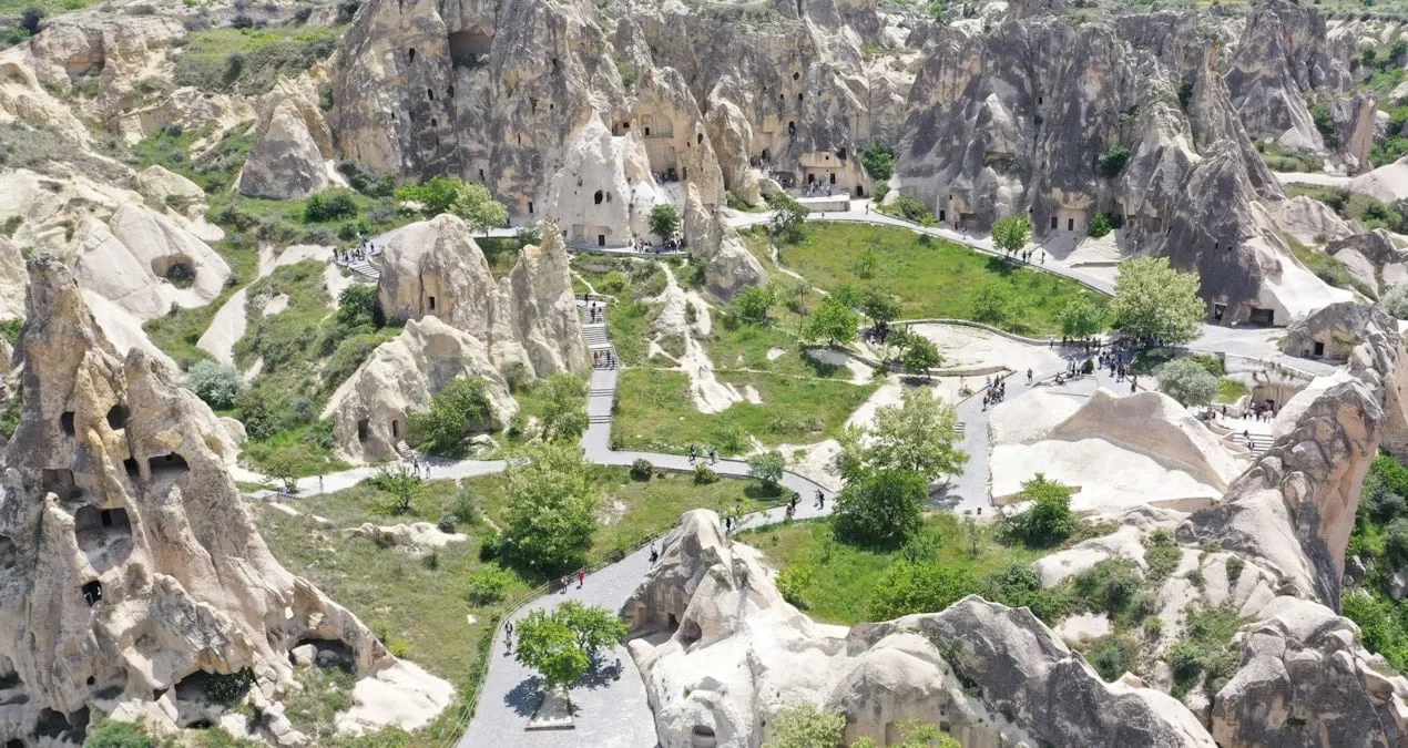 Paths and steps connecting rock-cut churches across Göreme Open Air Museum