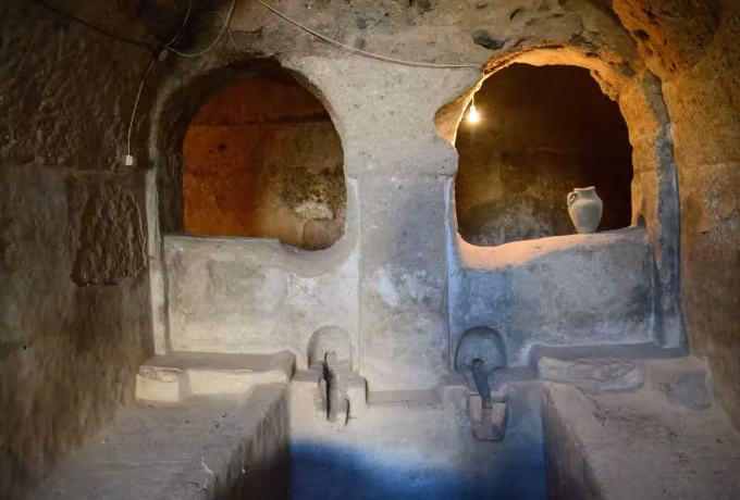 Two deep arched recesses and a cut bowl in a small hewn room at Ozkonak