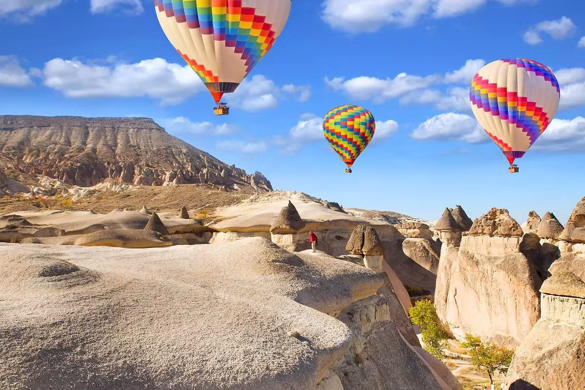 Hot air balloons above the rock formations of Cappadocia