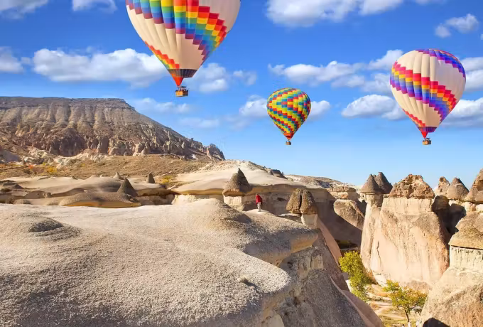 Hot air balloons above the rock formations of Cappadocia