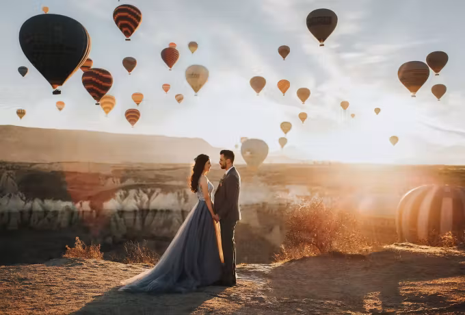 Bridal pair turned face to face on a bare crest at daybreak, envelopes crowding above, Cappadocia