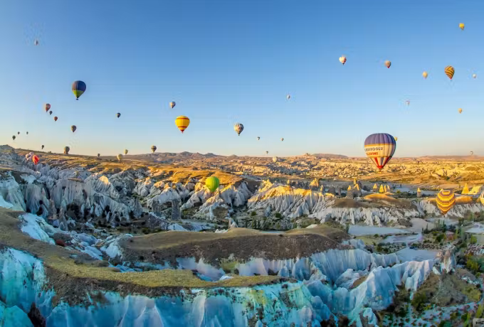 From overhead a knot of envelopes above bleached ridged rock and green worked strips, Cappadocia