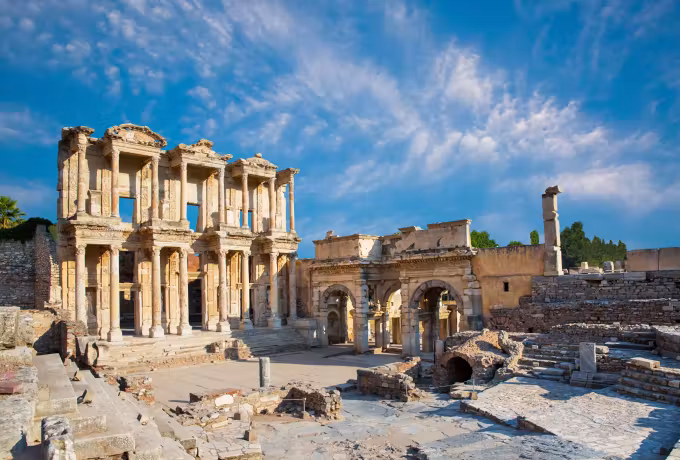 Early warmth on the Celsus front and the triple gate, hardly anyone on the marble court, Ephesus