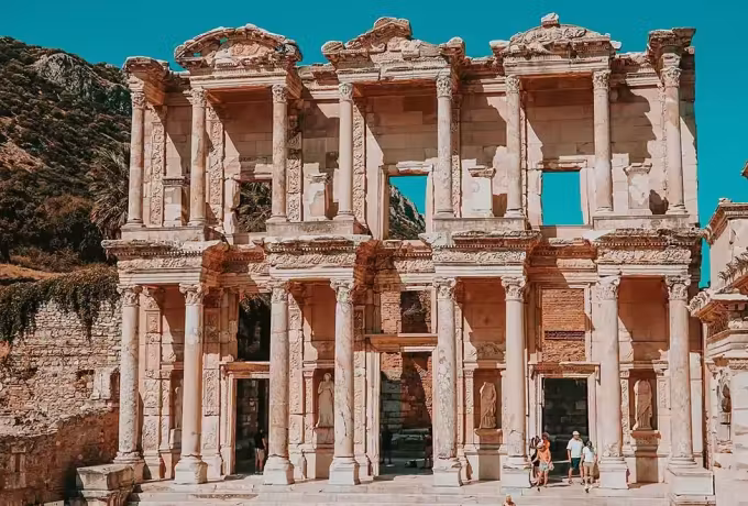 Close head-on frame with bare hillside showing just over the top of the great elevation, Ephesus