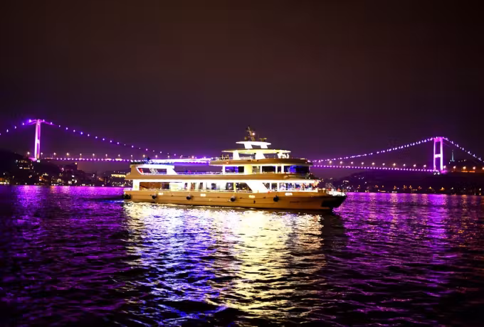 Violet floodlighting on the span and its reflection trailing over the black water below, Istanbul