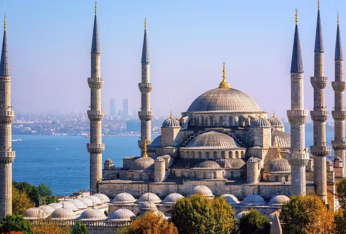 Blue Mosque domes and six minarets overlooking Istanbul