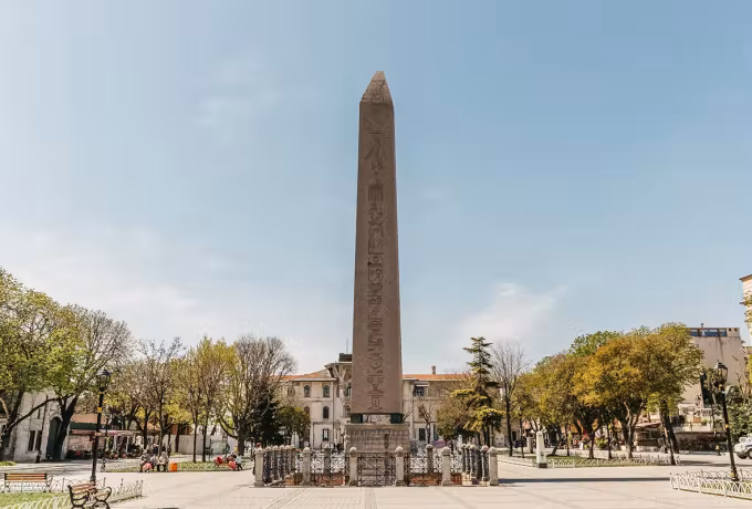 Egyptian shaft on a carved plinth in the old racecourse square, hieroglyphs sharp, Istanbul
