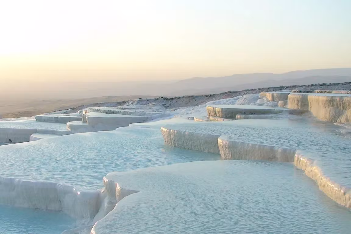 White travertine terraces and shallow pools at Pamukkale
