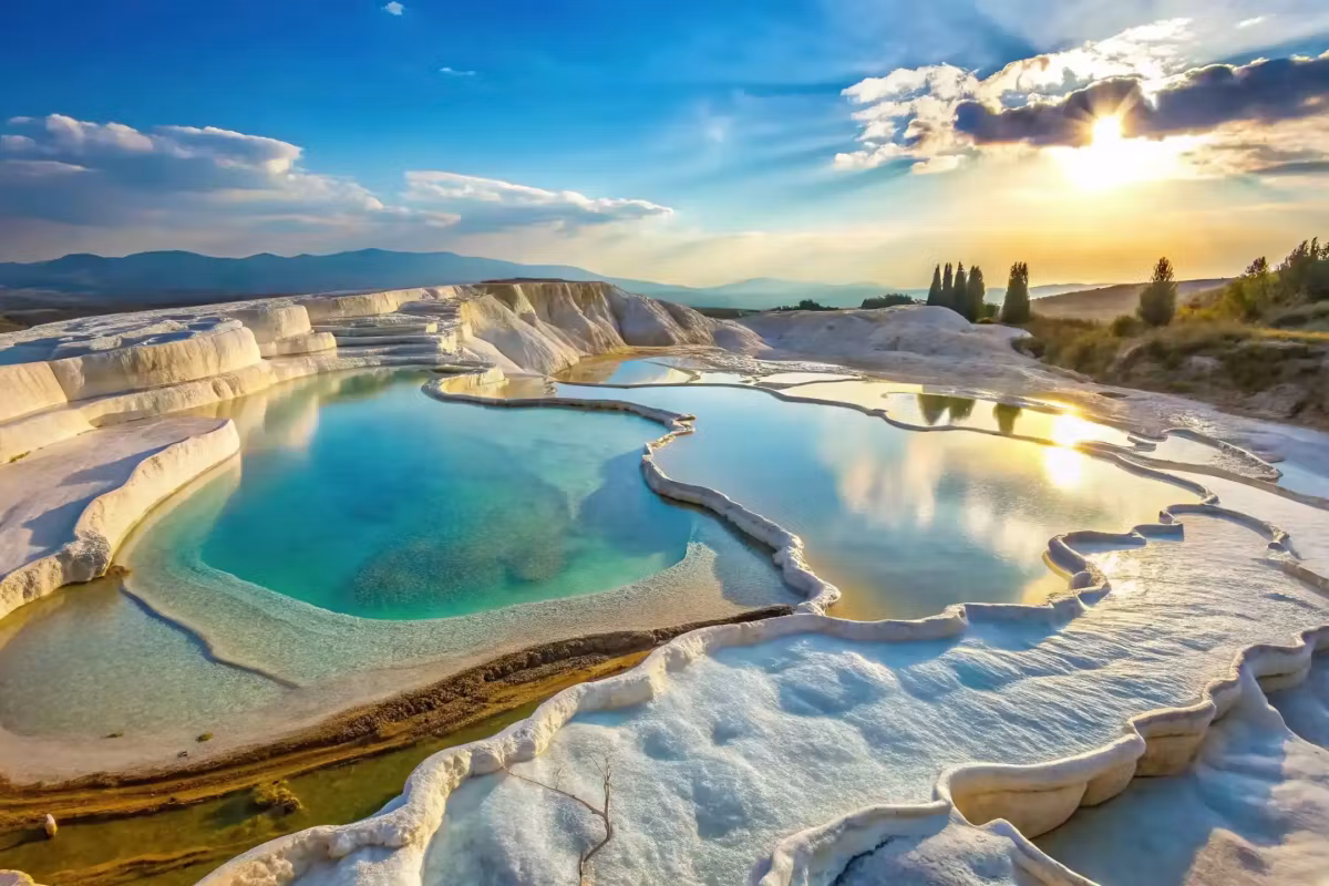 One great bean-shaped hollow of colour with light forcing through overcast behind, Pamukkale