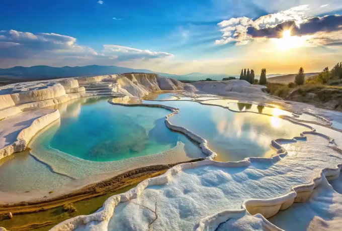 One great bean-shaped hollow of colour with light forcing through overcast behind, Pamukkale