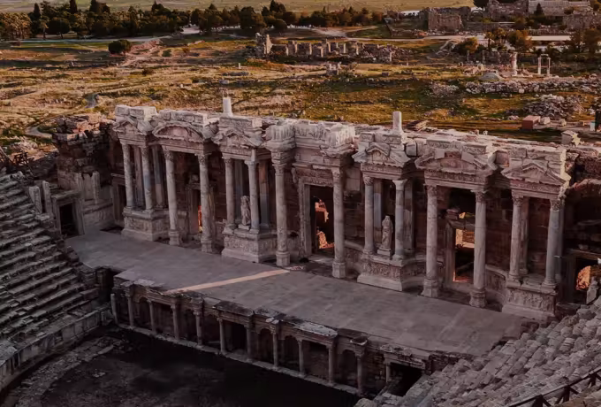 Close on the columned scene front at Hierapolis with the ruins spreading away behind