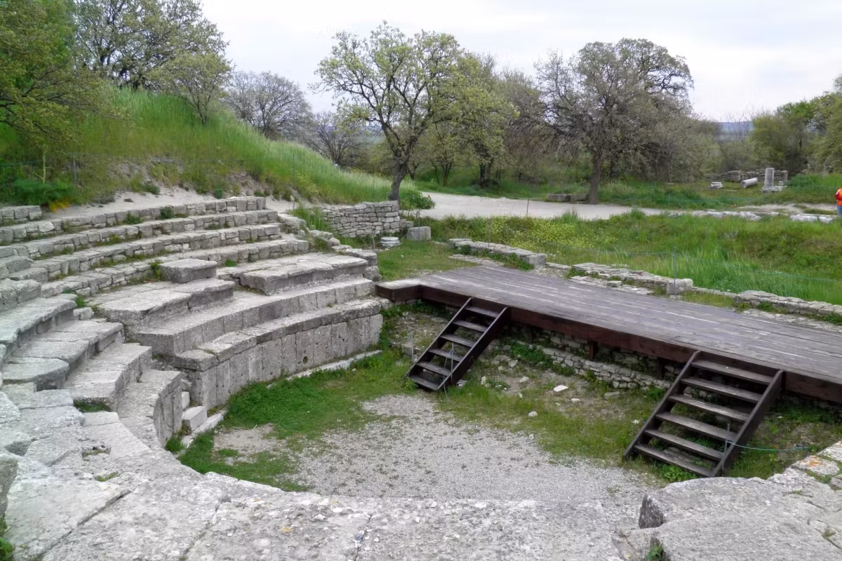 Stone seating of the small theatre at the archaeological site of Troy