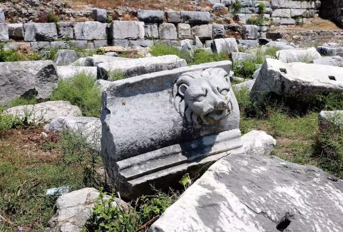 Carved lion, much eroded, half lost in the grass and broken masonry of Miletus