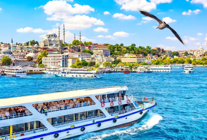 Ferry on the Golden Horn under the domes and slim shafts of old Istanbul, one gull above
