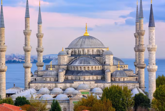 Half a dozen needles held against a soft pink ceiling over the water at day's end, Istanbul