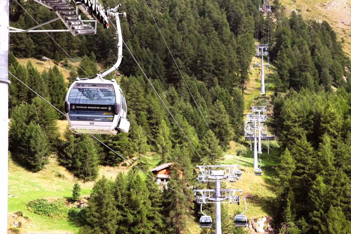 Lift car rising over thick conifers on Uludag, pylons and a second line climbing below