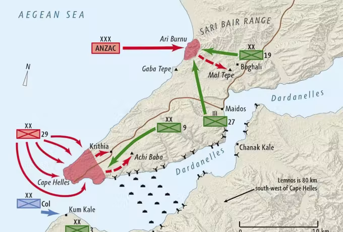 Printed operations chart of the peninsula showing formation markers and attack arrows, Gallipoli