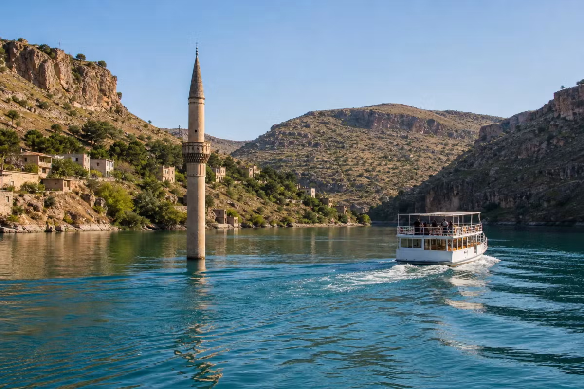 Drowned shaft standing in bright reservoir water at Halfeti as a trip boat goes by
