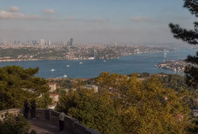 Wide prospect of waterway and skyline taken from planted terraces on the Asian hill, Istanbul