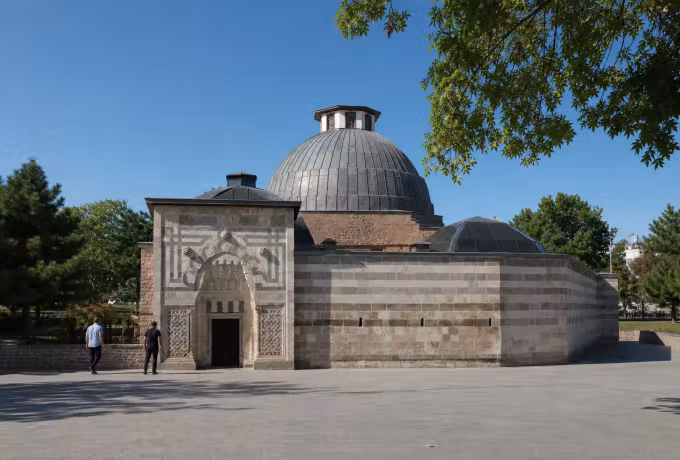 Finely worked doorway and low dome on the Karatay Madrasa in central Konya