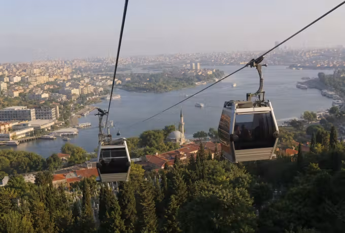 Cable cars crossing a green slope at Eyup with the water of the Golden Horn beneath