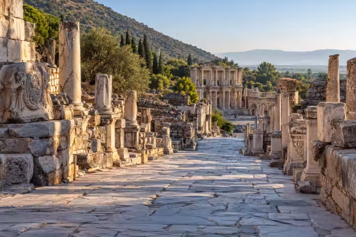 Marble street and ancient columns leading towards the Library of Celsus at Ephesus