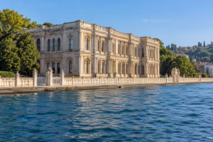 Beylerbeyi Palace beside the blue waters of the Bosphorus in Istanbul
