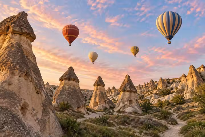 Hot air balloons above capped fairy chimneys in Cappadocia at sunrise