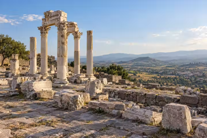 Weathered marble columns on Pergamon Acropolis overlooking the Bergama valley