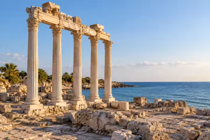 Marble columns of the Temple of Apollo at Side beside the Mediterranean Sea