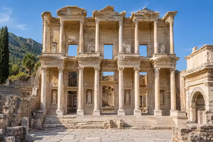 Front view of the carved marble Library of Celsus facade at Ephesus