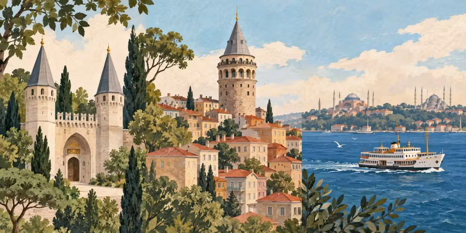 Editorial illustration of Istanbul neighbourhoods with a palace gate, Galata Tower and a ferry on blue water