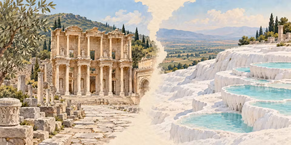 Editorial illustration pairing the Library of Celsus at Ephesus with the white terraces of Pamukkale