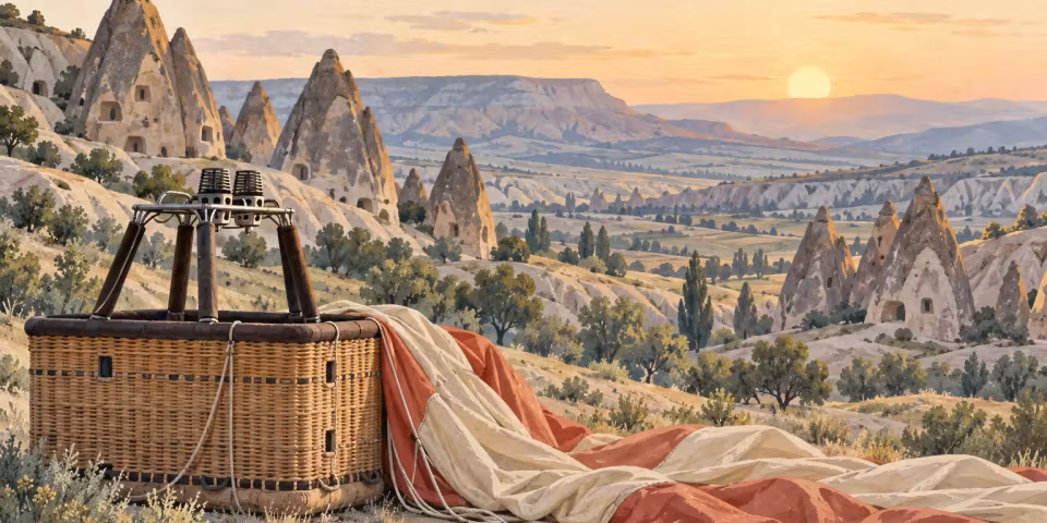 Editorial illustration of a grounded balloon basket and folded fabric beside Cappadocia rock formations at dawn